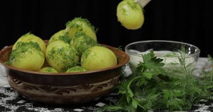 La mano de la mujer toma la nueva patata deliciosa hervida usando la bifurcaci?n de madera almacen de metraje de vídeo La mano de la mujer toma la nueva patata deliciosa hervida usando la bifurcaci?n de madera almacen de metraje de vídeo