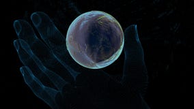 La mano trasparente dei punti della particella tiene il pianeta Terra contro lo sfondo di spazio cosmico e delle stelle 3d virtua fotografia stock libera da diritti La mano trasparente dei punti della particella tiene il pianeta Terra contro lo sfondo di spazio cosmico e delle stelle 3d virtua fotografia stock libera da diritti