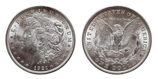 La moneda de los E.E.U.U. Morgan Silver Dollar acuñó 1921, aislado en blanco fotografía de archivo libre de regalías La moneda de los E.E.U.U. Morgan Silver Dollar acuñó 1921, aislado en blanco fotografía de archivo libre de regalías