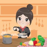 La muchacha del cocinero está cocinando en su cocina stock de ilustración La muchacha del cocinero está cocinando en su cocina stock de ilustración