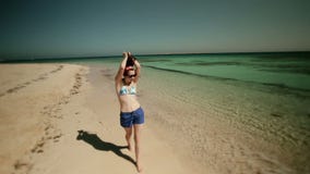 La muchacha feliz hermosa joven se relaja a lo largo de la costa almacen de video La muchacha feliz hermosa joven se relaja a lo largo de la costa almacen de video