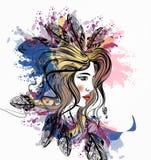 La muchacha hermosa con boho empluma en sus puntos de la cabeza y de la tinta libre illustration La muchacha hermosa con boho empluma en sus puntos de la cabeza y de la tinta libre illustration