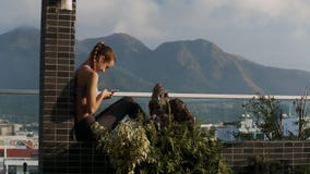 La muchacha lee SMS en teléfono en las colinas de los relojes de la terraza La muchacha lee SMS en teléfono en las colinas de los relojes de la terraza