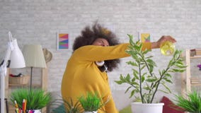 La mujer afroamericana hermosa positiva del baile expresivo con un peinado afro toma el cuidado de flores y de plantas adentro almacen de metraje de vídeo La mujer afroamericana hermosa positiva del baile expresivo con un peinado afro toma el cuidado de flores y de plantas adentro almacen de metraje de vídeo