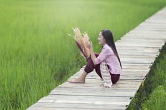 La mujer hermosa del Lao que se sienta solamente con adorna la flor en el puente de madera en campo verde del arroz fotos de archivo La mujer hermosa del Lao que se sienta solamente con adorna la flor en el puente de madera en campo verde del arroz fotos de archivo