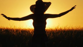 la mujer hermosa 4k se coloca en el campo durante salida del sol y aumenta sus manos para arriba almacen de video la mujer hermosa 4k se coloca en el campo durante salida del sol y aumenta sus manos para arriba almacen de video