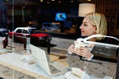 La mujer joven es teléfono de célula de tenencia durante resto en café cómodo foto de archivo libre de regalías La mujer joven es teléfono de célula de tenencia durante resto en café cómodo foto de archivo libre de regalías