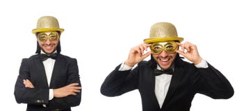 La máscara que lleva del hombre divertido aislada en blanco imagen de archivo libre de regalías La máscara que lleva del hombre divertido aislada en blanco imagen de archivo libre de regalías