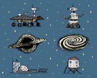 La navetta spaziale, il buco nero e la galassia, robot e guasta, girovago, moonwalker e colonia lunari, l'esplorazione dell'astro royalty illustrazione gratis La navetta spaziale, il buco nero e la galassia, robot e guasta, girovago, moonwalker e colonia lunari, l'esplorazione dell'astro royalty illustrazione gratis