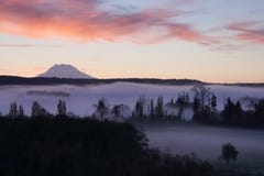 La nebbia riempie la valle di Nisqually prima che supporto della luce di mattina dell'alba fotografia stock La nebbia riempie la valle di Nisqually prima che supporto della luce di mattina dell'alba fotografia stock