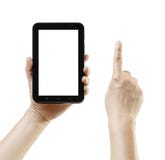 La PC androide de la tableta tiene gusto del ipade con la mano conmovedora con el espacio de la pantalla en blanco para el texto o imagen de archivo libre de regalías La PC androide de la tableta tiene gusto del ipade con la mano conmovedora con el espacio de la pantalla en blanco para el texto o imagen de archivo libre de regalías