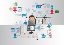 La personne devant le carnet qui communique avec le chatbot multiple entretient en envoyant des messages à travers l'Internet illustration libre de droits La personne devant le carnet qui communique avec le chatbot multiple entretient en envoyant des messages à travers l'Internet illustration libre de droits