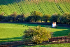 La piccola cappella circondata dai giacimenti e dagli alberi di grano Bello paesaggio variopinto della molla in Moravia del sud, fotografia stock La piccola cappella circondata dai giacimenti e dagli alberi di grano Bello paesaggio variopinto della molla in Moravia del sud, fotografia stock