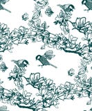 La planta del modelo del vector graba pájaros de la magnolia de la tinta libre illustration La planta del modelo del vector graba pájaros de la magnolia de la tinta libre illustration