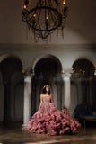 La ragazza sexy lussuosa in un vestito nuvoloso da sera balla e si gira ad una palla immagine stock La ragazza sexy lussuosa in un vestito nuvoloso da sera balla e si gira ad una palla immagine stock