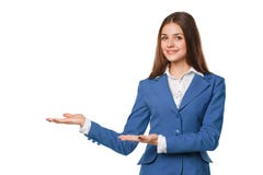 La rappresentazione sorridente della donna apre la palma della mano con lo spazio della copia per il prodotto o il testo Donna di Immagine Stock Libera da Diritti La rappresentazione sorridente della donna apre la palma della mano con lo spazio della copia per il prodotto o il testo Donna di Immagine Stock Libera da Diritti