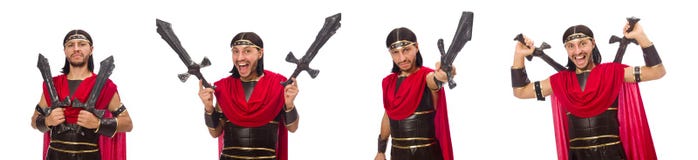 La spada della tenuta del gladiatore isolata su bianco Immagine Stock La spada della tenuta del gladiatore isolata su bianco Immagine Stock