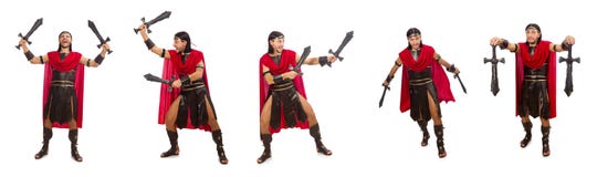La spada della tenuta del gladiatore isolata su bianco Immagine Stock Libera da Diritti La spada della tenuta del gladiatore isolata su bianco Immagine Stock Libera da Diritti