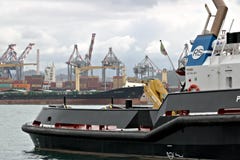 La Spezia, Ligurie, Italie 03/17/2019 Port marchand de La Spezia en Ligurie Dans le premier plan un bateau de la garde c?ti?re image libre de droits La Spezia, Ligurie, Italie 03/17/2019 Port marchand de La Spezia en Ligurie Dans le premier plan un bateau de la garde c?ti?re image libre de droits