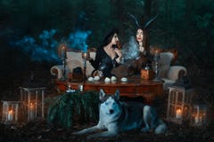 La strega delle ragazze nel legno evoca fotografia stock libera da diritti La strega delle ragazze nel legno evoca fotografia stock libera da diritti