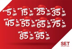 La venta del descuento de la Navidad fijó el 5,15,25,35,45,55,65,75,85,95 por ciento en vector rojo del sistema de etiqueta con e stock de ilustración La venta del descuento de la Navidad fijó el 5,15,25,35,45,55,65,75,85,95 por ciento en vector rojo del sistema de etiqueta con e stock de ilustración