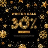 La vente d'hiver 30 pour cent, bannière avec de l'or 3d se tient le premier rôle et des flocons de neige illustration stock La vente d'hiver 30 pour cent, bannière avec de l'or 3d se tient le premier rôle et des flocons de neige illustration stock