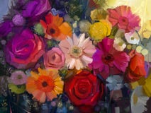 La vie toujours de la fleur jaune, rouge et rose de couleur fleuve de peinture à l'huile d'horizontal de forêt illustration stock La vie toujours de la fleur jaune, rouge et rose de couleur fleuve de peinture à l'huile d'horizontal de forêt illustration stock