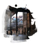 La vieja estación de tren europea, salida a la plataforma, considera la ciudad, marco estilizado de la acuarela fotografía de archivo libre de regalías La vieja estación de tren europea, salida a la plataforma, considera la ciudad, marco estilizado de la acuarela fotografía de archivo libre de regalías