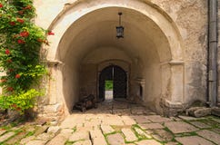 La vista de la puerta y el cañón viejo cerca del enterance en Olesko antiguo se escudan Patio en castillo Región de Lviv en Ucran imagenes de archivo La vista de la puerta y el cañón viejo cerca del enterance en Olesko antiguo se escudan Patio en castillo Región de Lviv en Ucran imagenes de archivo