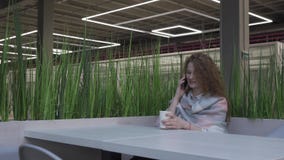 La vista lateral de una mujer joven y bonita con el pelo rojo que se está sentando en un café coge el teléfono almacen de video La vista lateral de una mujer joven y bonita con el pelo rojo que se está sentando en un café coge el teléfono almacen de video