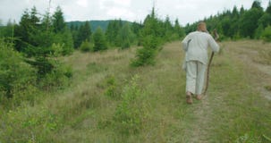 La vue arrière du vieil homme dans de vieux vêtements marche le long des montagnes à l'aide de sa canne banque de vidéos La vue arrière du vieil homme dans de vieux vêtements marche le long des montagnes à l'aide de sa canne banque de vidéos