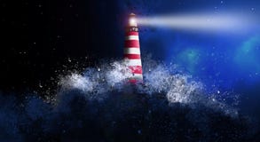 La vue de nuit de phare de la mer d'une fenêtre ouverte avec un phare oriental de patternA dans le ciel nocturne, éclabousse de l illustration stock La vue de nuit de phare de la mer d'une fenêtre ouverte avec un phare oriental de patternA dans le ciel nocturne, éclabousse de l illustration stock