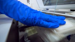 Lab pracownik stawia osocze plastikowych worki w zbiornika zdjęcie wideo Lab pracownik stawia osocze plastikowych worki w zbiornika zdjęcie wideo