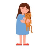 Lachend meisje bij blauwe kledingsholding en sterk geknuffelkat r vector illustratie Lachend meisje bij blauwe kledingsholding en sterk geknuffelkat r vector illustratie