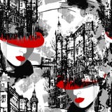 Lady in red. Elegance Paris. Seamless pattern of the urban landscape with a woman in a red hat. stock illustration Lady in red. Elegance Paris. Seamless pattern of the urban landscape with a woman in a red hat. stock illustration