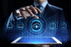 Lagring f?r molnteknologidata som bearbetar ber?knande internetbegrepp Aff?rsman som trycker p? knappen p? sk?rmen vektor illustrationer Lagring f?r molnteknologidata som bearbetar ber?knande internetbegrepp Aff?rsman som trycker p? knappen p? sk?rmen vektor illustrationer
