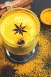 Lait d'or, une boisson indienne traditionnelle avec la poudre de safran des indes Boisson de chauffage contre des froids et la gr photo libre de droits Lait d'or, une boisson indienne traditionnelle avec la poudre de safran des indes Boisson de chauffage contre des froids et la gr photo libre de droits