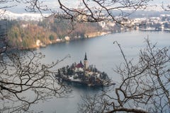 Framed in tree photo of Lake Bled with St. Marys Church of the Assumption on the small island Bled, Slovenia, Europe stock image Framed in tree photo of Lake Bled with St. Marys Church of the Assumption on the small island Bled, Slovenia, Europe stock image