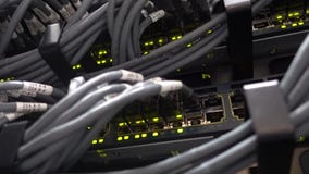 LAN do CUBO e dos cabos ethernet do interruptor de rede no datacenter O vídeo contém vibrações pequenas filme LAN do CUBO e dos cabos ethernet do interruptor de rede no datacenter O vídeo contém vibrações pequenas filme