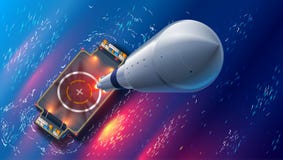 Lancio di Rocket sulla nave autonoma del fuco di spazioporto in mare Vista superiore L'astronave decolla in spazio Cosmodrome di royalty illustrazione gratis Lancio di Rocket sulla nave autonoma del fuco di spazioporto in mare Vista superiore L'astronave decolla in spazio Cosmodrome di royalty illustrazione gratis