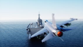 Landende straalf16 op vliegdekschip in oceaan Militair en oorlogsconcept het 3d teruggeven royalty-vrije illustratie Landende straalf16 op vliegdekschip in oceaan Militair en oorlogsconcept het 3d teruggeven royalty-vrije illustratie