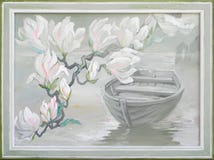 Landscape with blooming magnolias and boat. Oil painting on canvas. Royalty Free Stock Image Landscape with blooming magnolias and boat. Oil painting on canvas. Royalty Free Stock Image