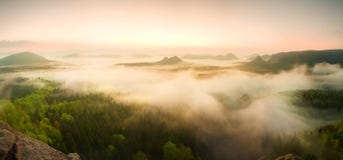 Landscape Misty Panorama. Fantastic Dreamy Sunrise Above Fairy Misty Valley Stock Photo