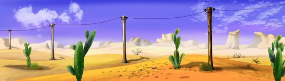 Landscape with telegraph-pole in a wild west desert. Panorama view. stock illustration Landscape with telegraph-pole in a wild west desert. Panorama view. stock illustration