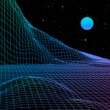 Landscape with wireframe grid of 80s styled retro computer game or science background 3d structure with sun vector illustration Landscape with wireframe grid of 80s styled retro computer game or science background 3d structure with sun vector illustration
