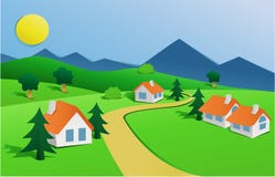Landschaft mit kleinem Dorf stock abbildung Landschaft mit kleinem Dorf stock abbildung