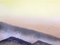 landskapsolnedgång eller soluppgång på bergdimman med fåglar som flyger i himlen stock illustrationer landskapsolnedgång eller soluppgång på bergdimman med fåglar som flyger i himlen stock illustrationer