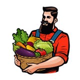 Landwirt, der einen Korb voll vom Gemüse anhält Landwirtschaft, Konzept bewirtschaftend Katze entweicht auf ein Dach vom Auslände stock abbildung Landwirt, der einen Korb voll vom Gemüse anhält Landwirtschaft, Konzept bewirtschaftend Katze entweicht auf ein Dach vom Auslände stock abbildung