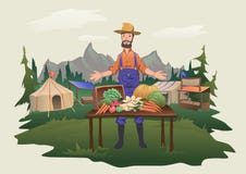 Landwirt ` s Markt, Dorf angemessen Ein Mann, der hinter einem Zähler mit dem Gemüse gewachsen auf dem Bauernhof steht Lokalisier stock abbildung Landwirt ` s Markt, Dorf angemessen Ein Mann, der hinter einem Zähler mit dem Gemüse gewachsen auf dem Bauernhof steht Lokalisier stock abbildung