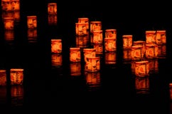 Lanterns on the river of Arashiyama, Kyoto Japan.